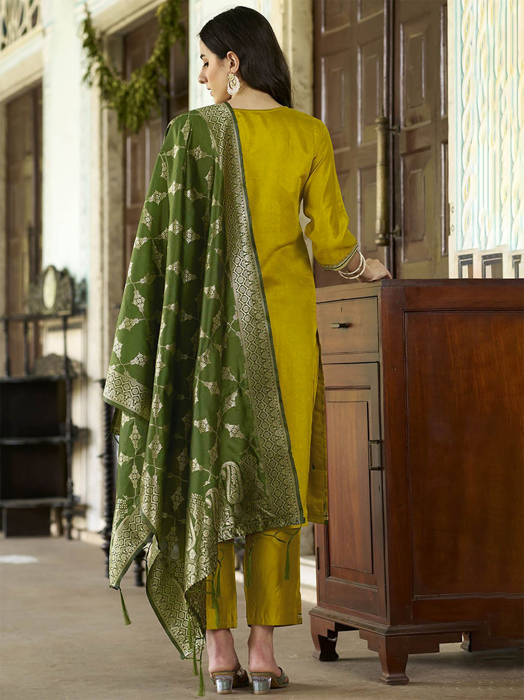 Mustard Silk Kurta Pant Dupatta Set with Embroidery & Art Silk Dupatta