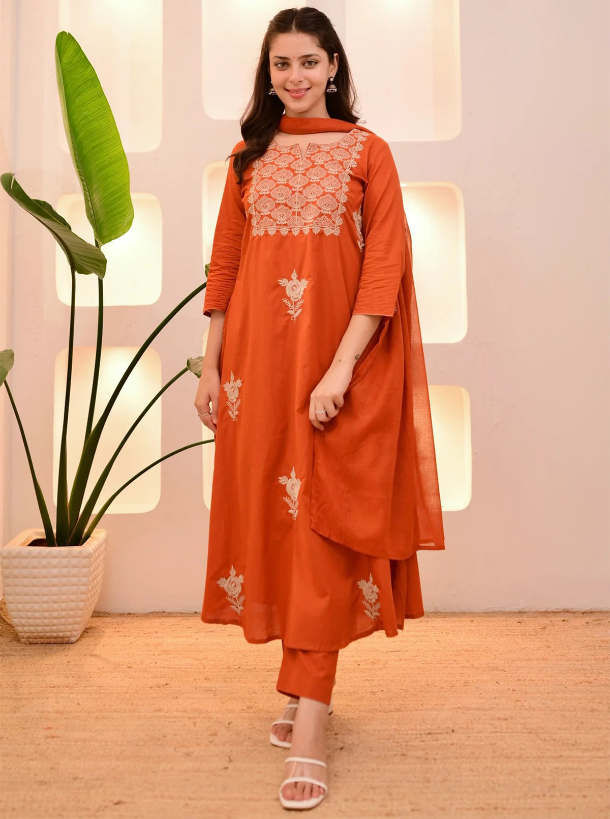 Orange Embroidered Tesla Kurta Set with Matching Dupatta