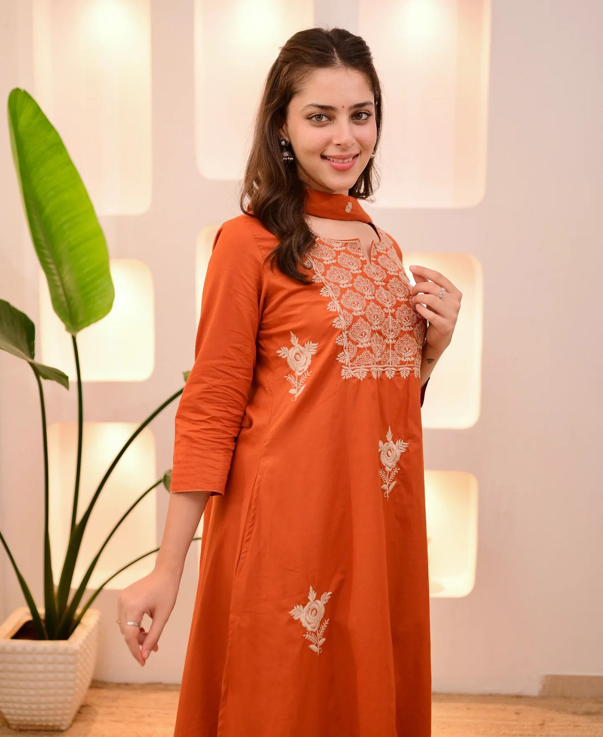 Orange Embroidered Tesla Kurta Set with Matching Dupatta
