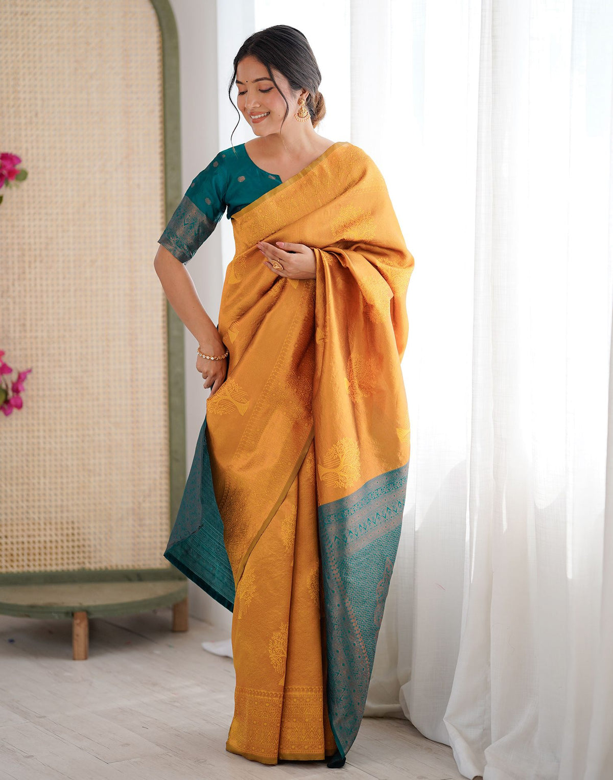 Yellow Charmi Silk Woven Saree