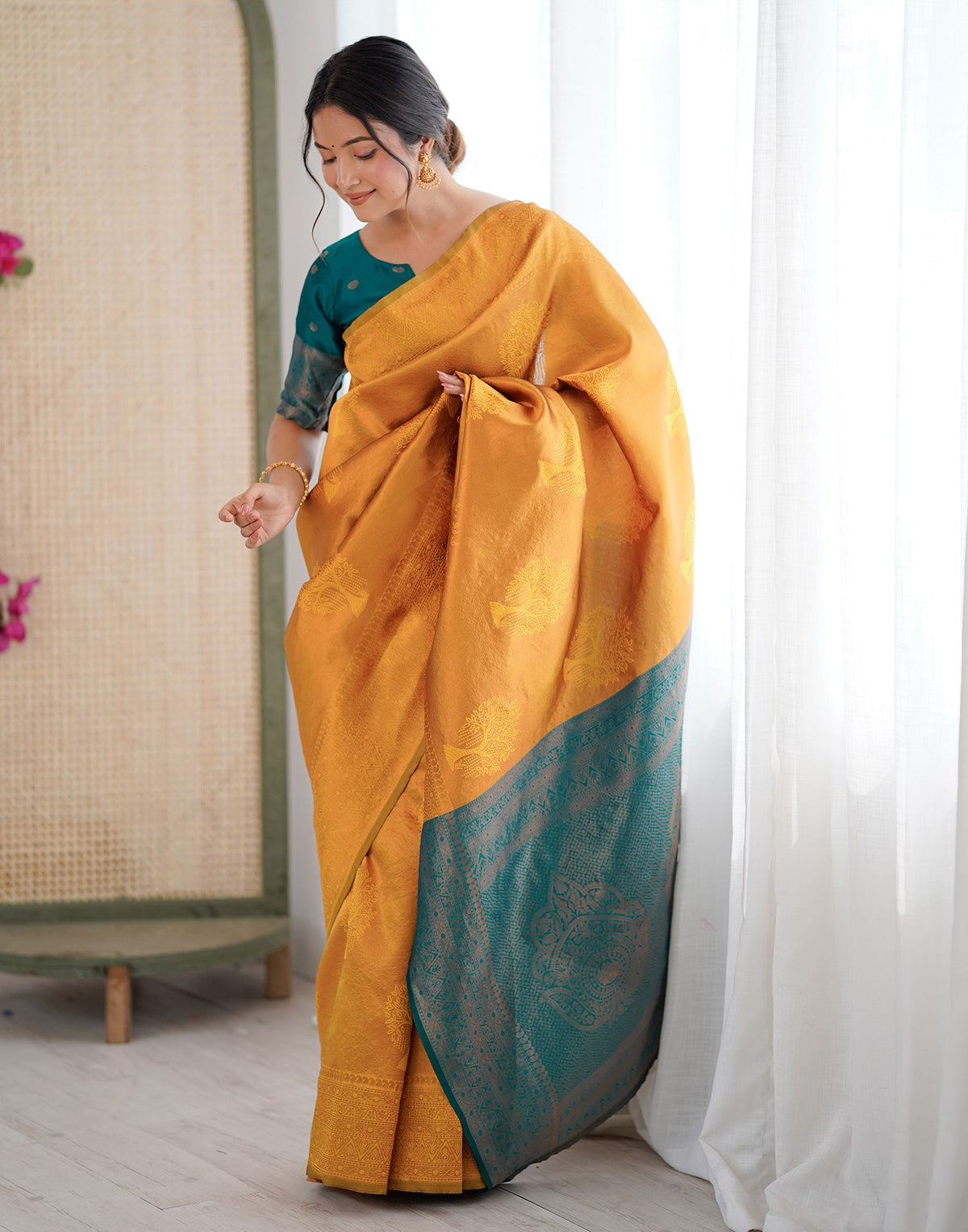 Yellow Charmi Silk Woven Saree