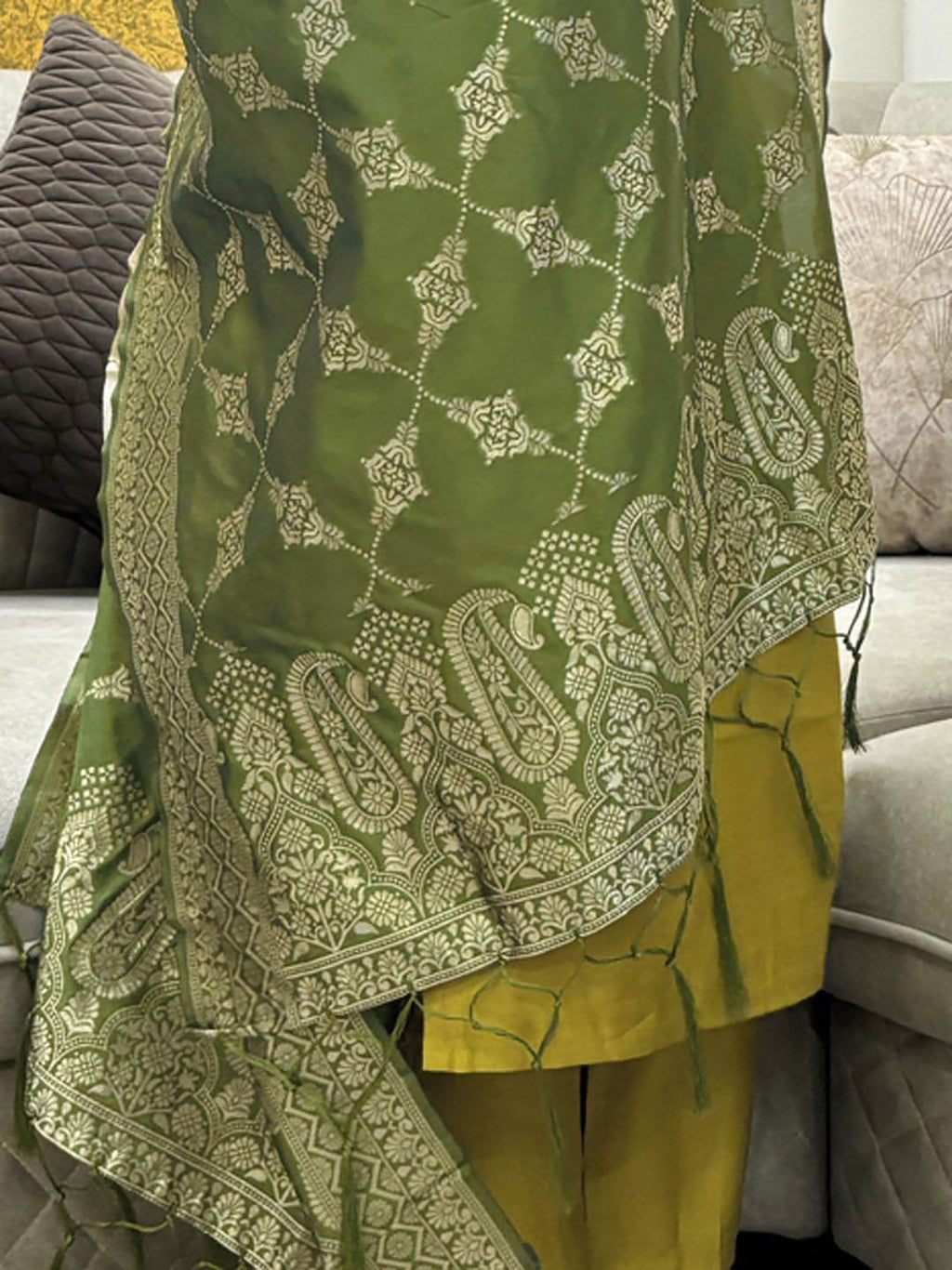 Mustard Silk Kurta Pant Dupatta Set with Embroidery & Art Silk Dupatta