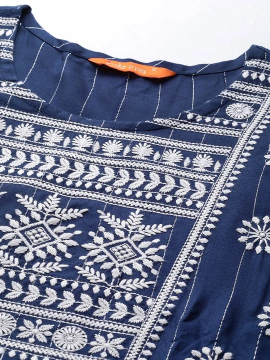 Blue Embroidered A-Line Ethnic Dress