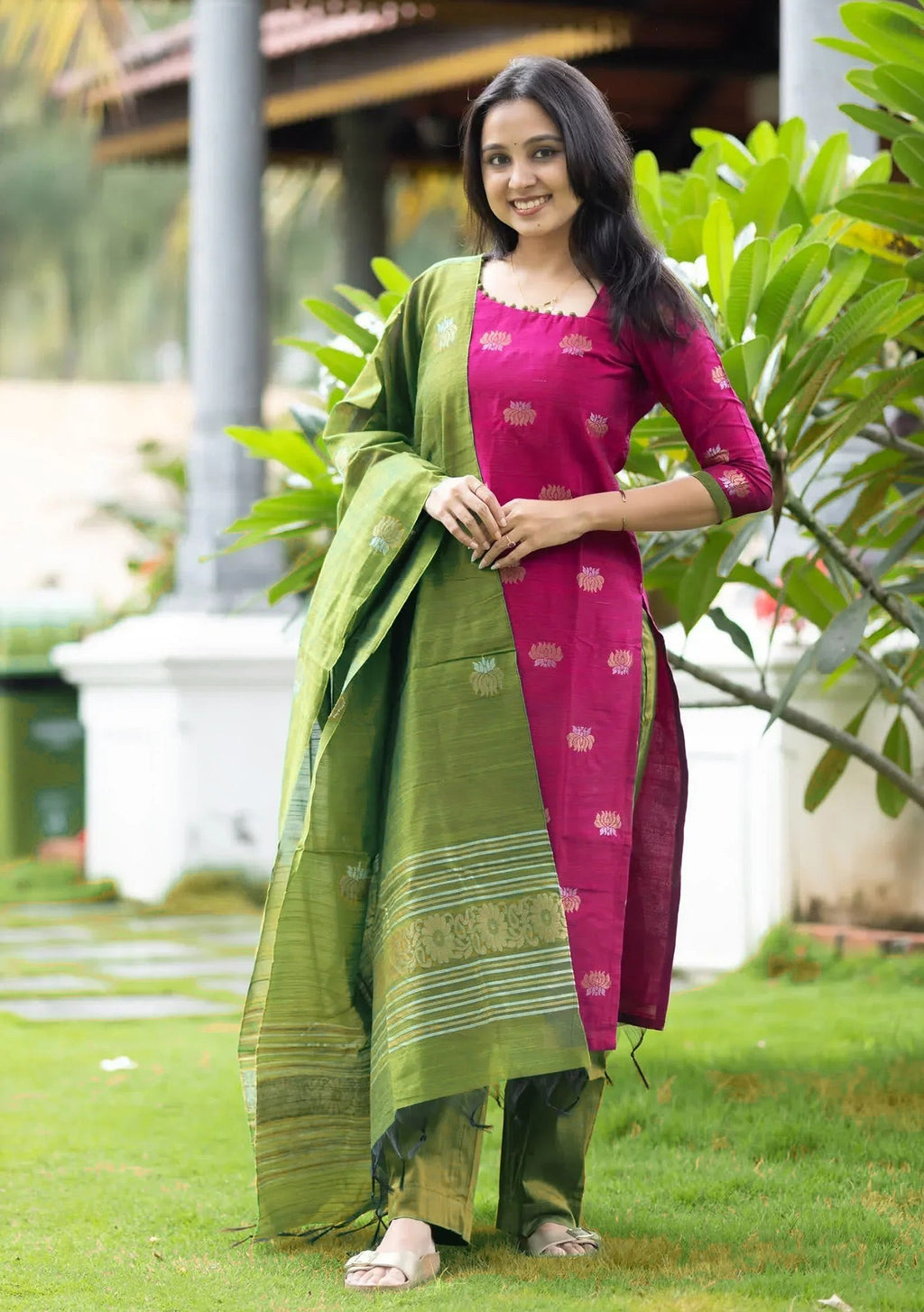 Pink Art Silk Woven Kurta Set with Green Pant & Dupatta
