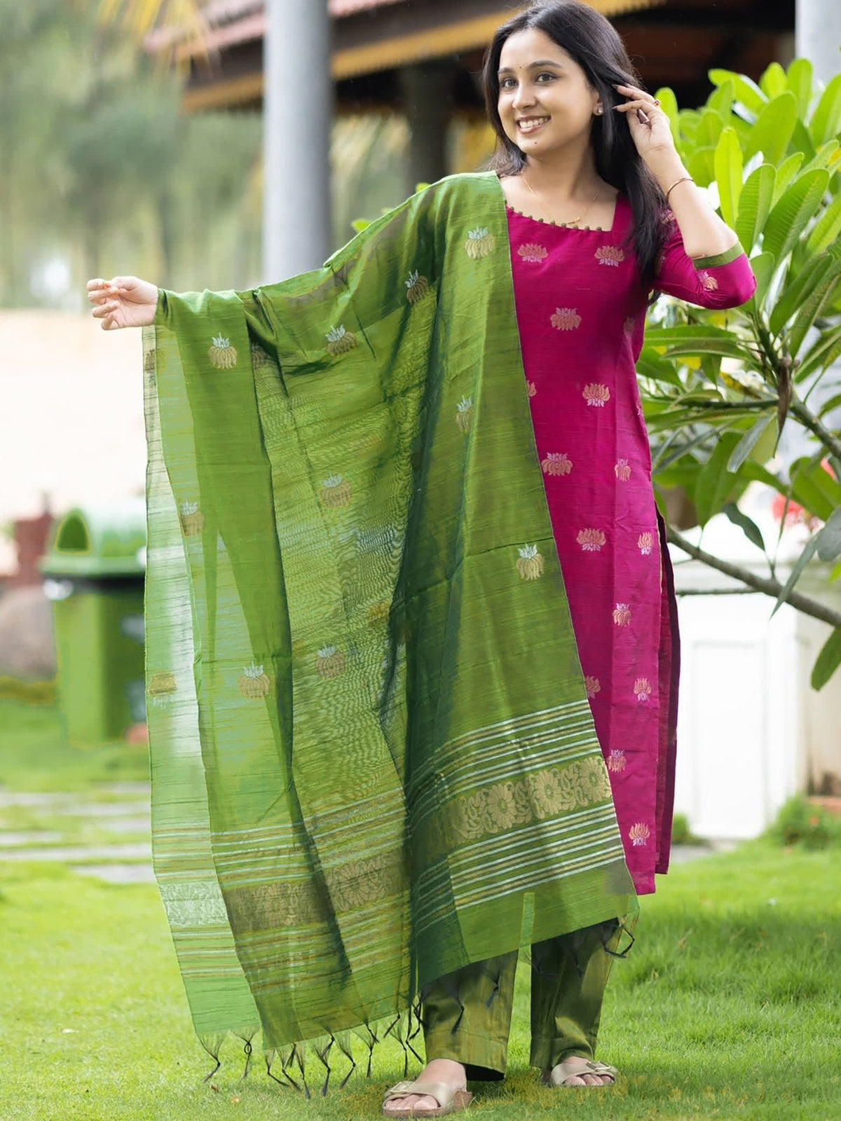 Pink Art Silk Woven Kurta Set with Green Pant & Dupatta