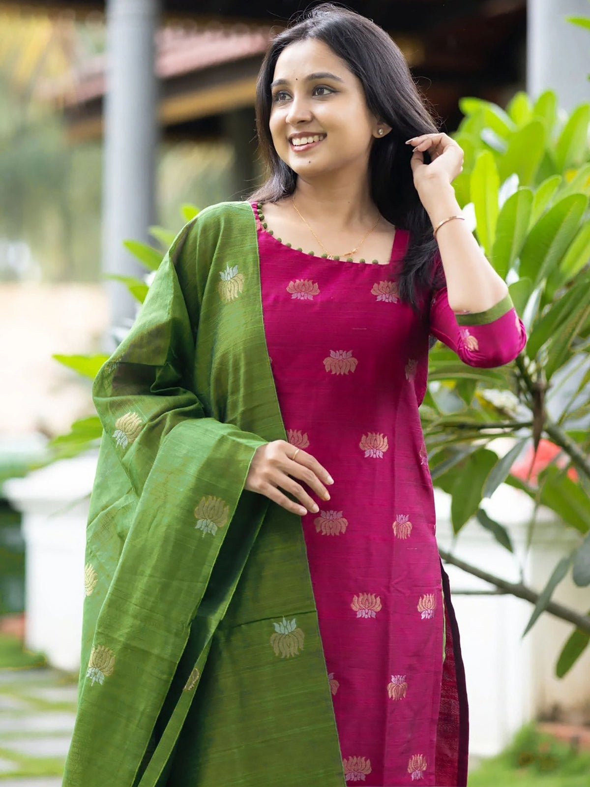 Pink Art Silk Woven Kurta Set with Green Pant & Dupatta