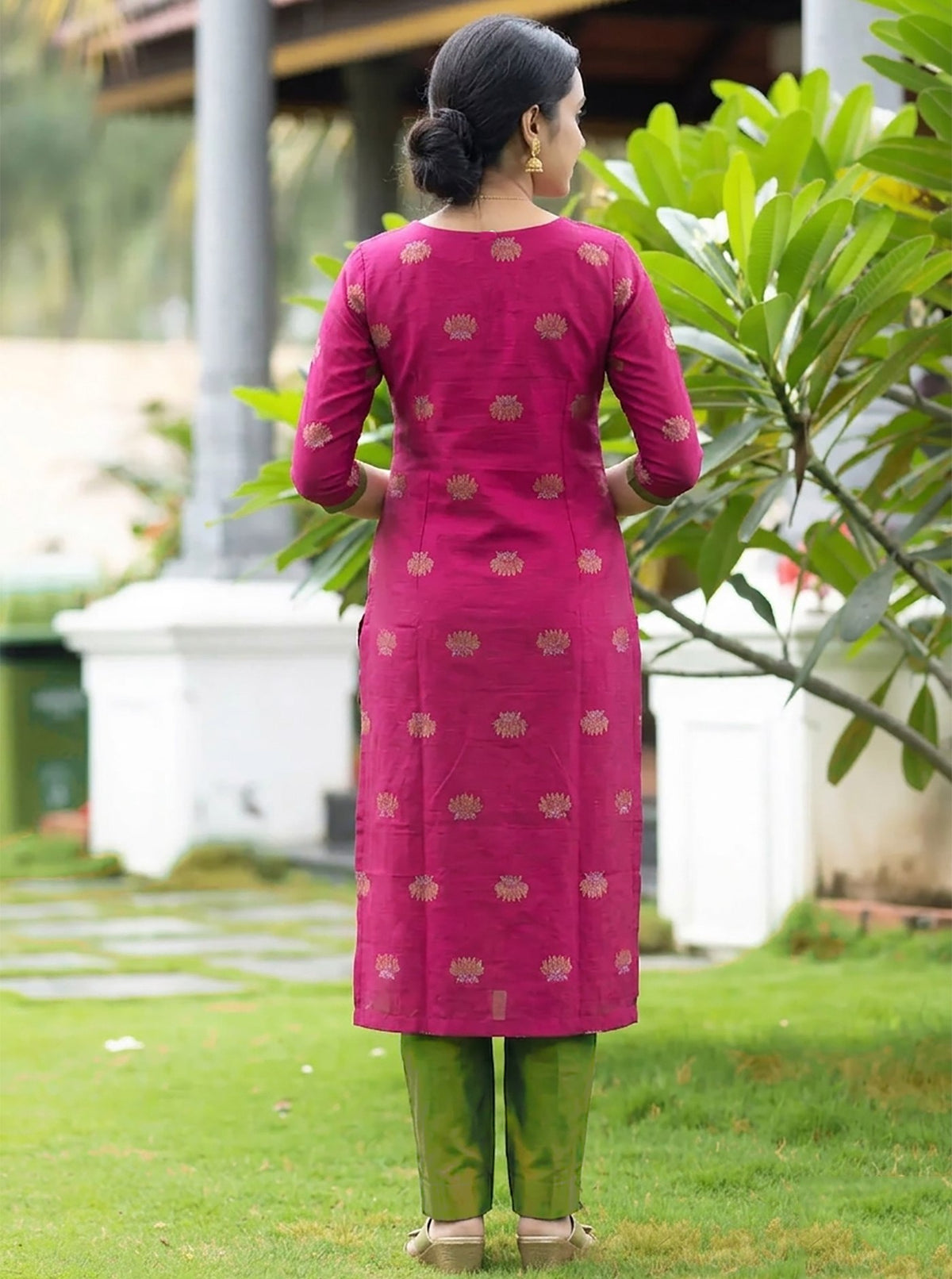 Pink Art Silk Woven Kurta Set with Green Pant & Dupatta