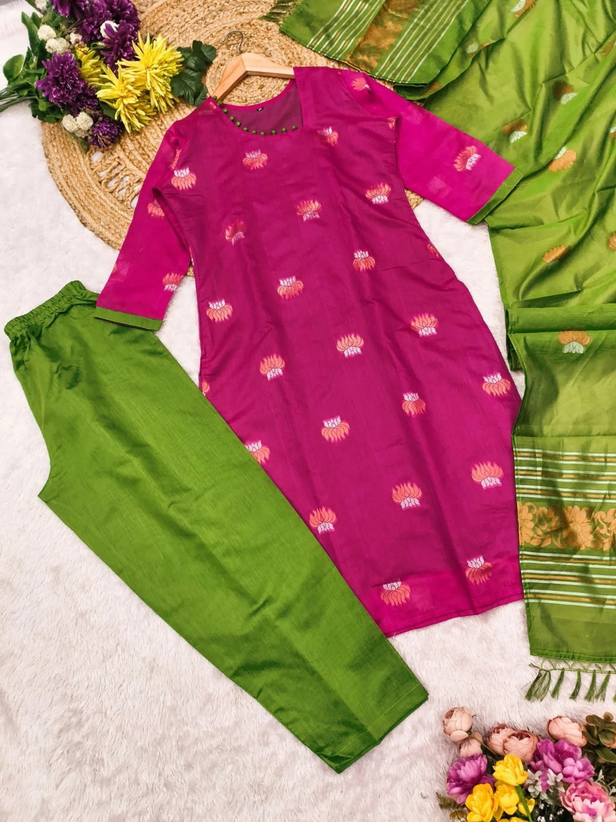Pink Art Silk Woven Kurta Set with Green Pant & Dupatta