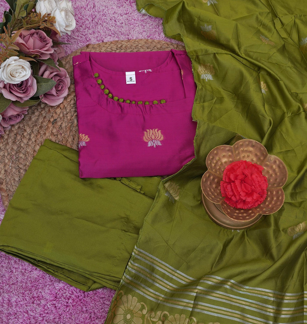 Pink Art Silk Woven Kurta Set with Green Pant & Dupatta