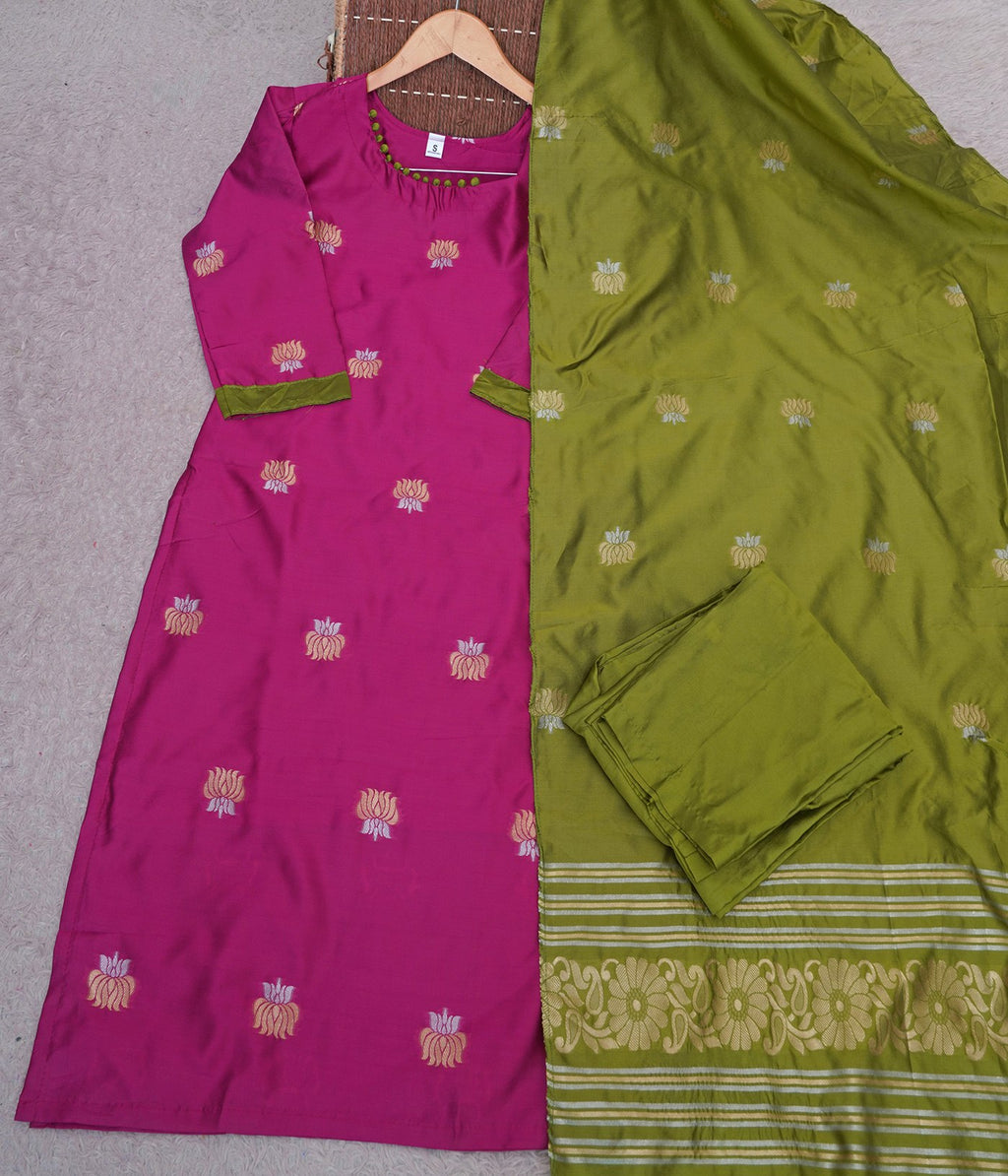 Pink Art Silk Woven Kurta Set with Green Pant & Dupatta