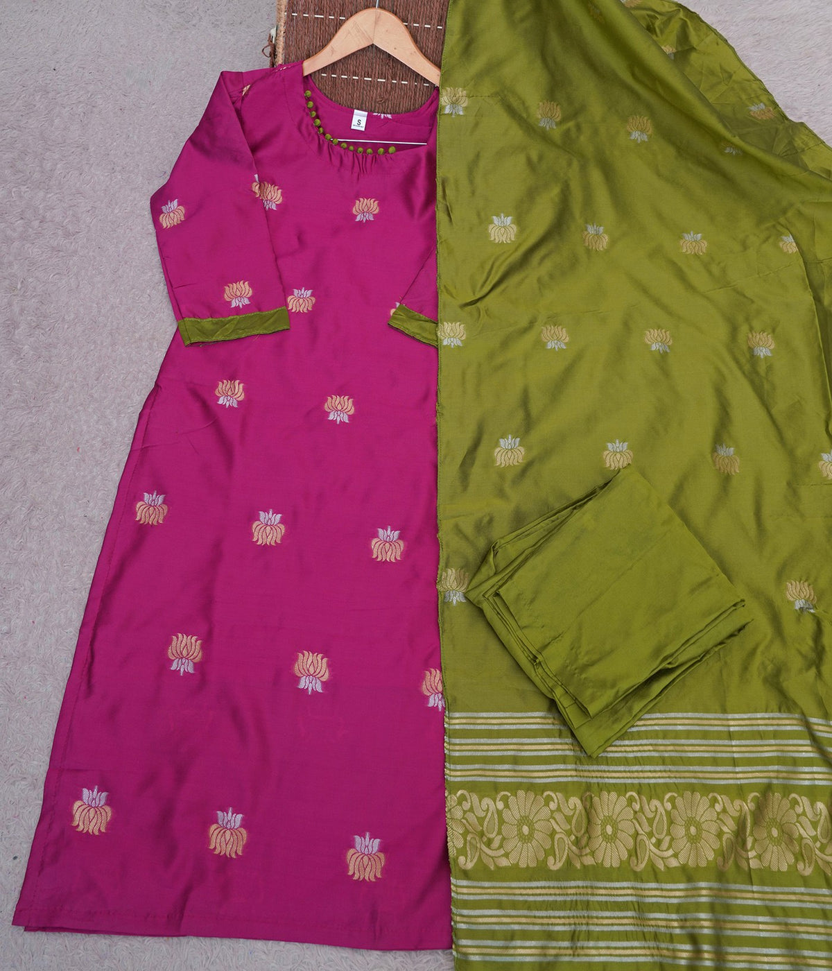 Pink Art Silk Woven Kurta Set with Green Pant & Dupatta