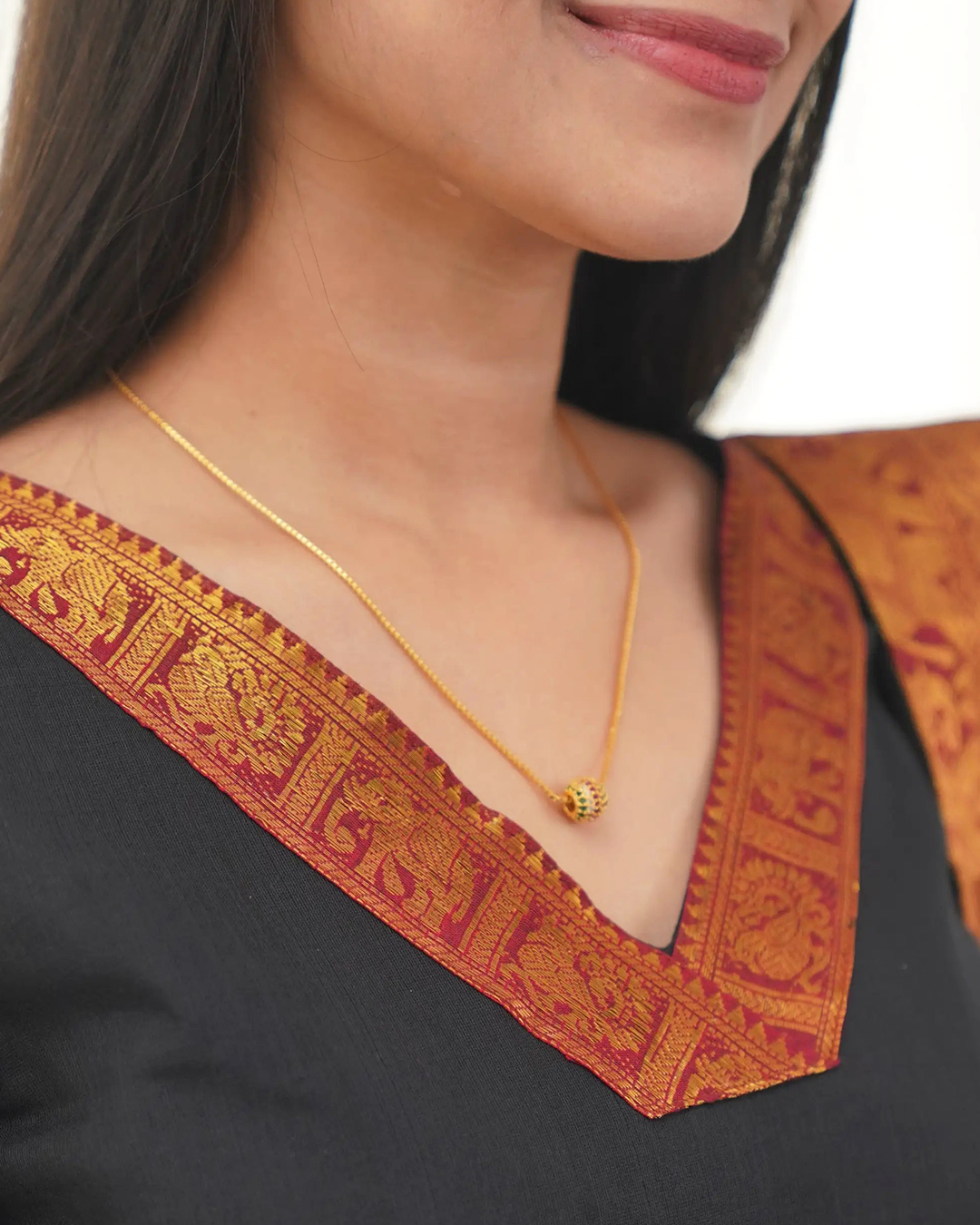 Black Stylish Kanchi Cotton V-Neck Kurti With Dupatta