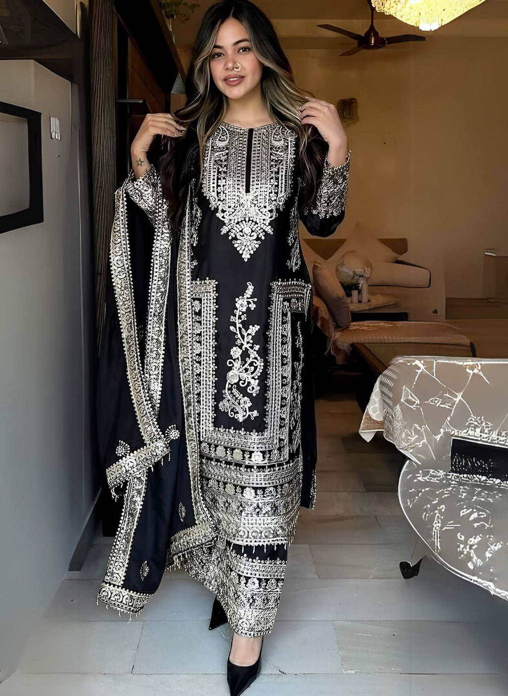 Black Embroidered Jalpari Kurta Palazzo Dupatta Set for Women