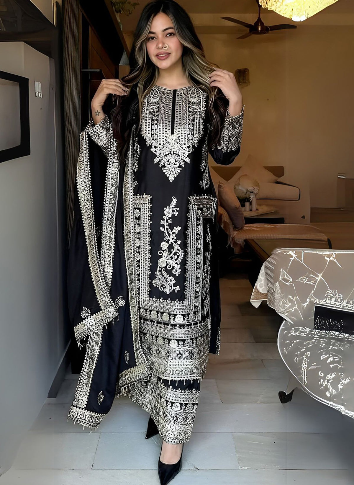 Black Embroidered Jalpari Kurta Palazzo Dupatta Set for Women