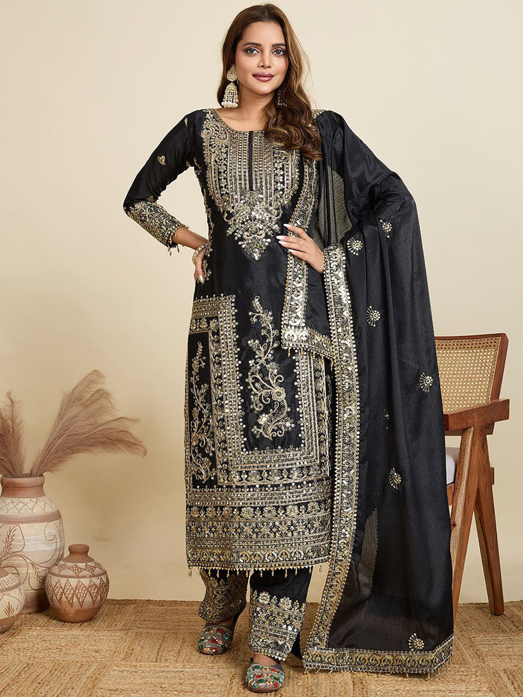 Black Embroidered Jalpari Kurta Palazzo Dupatta Set for Women
