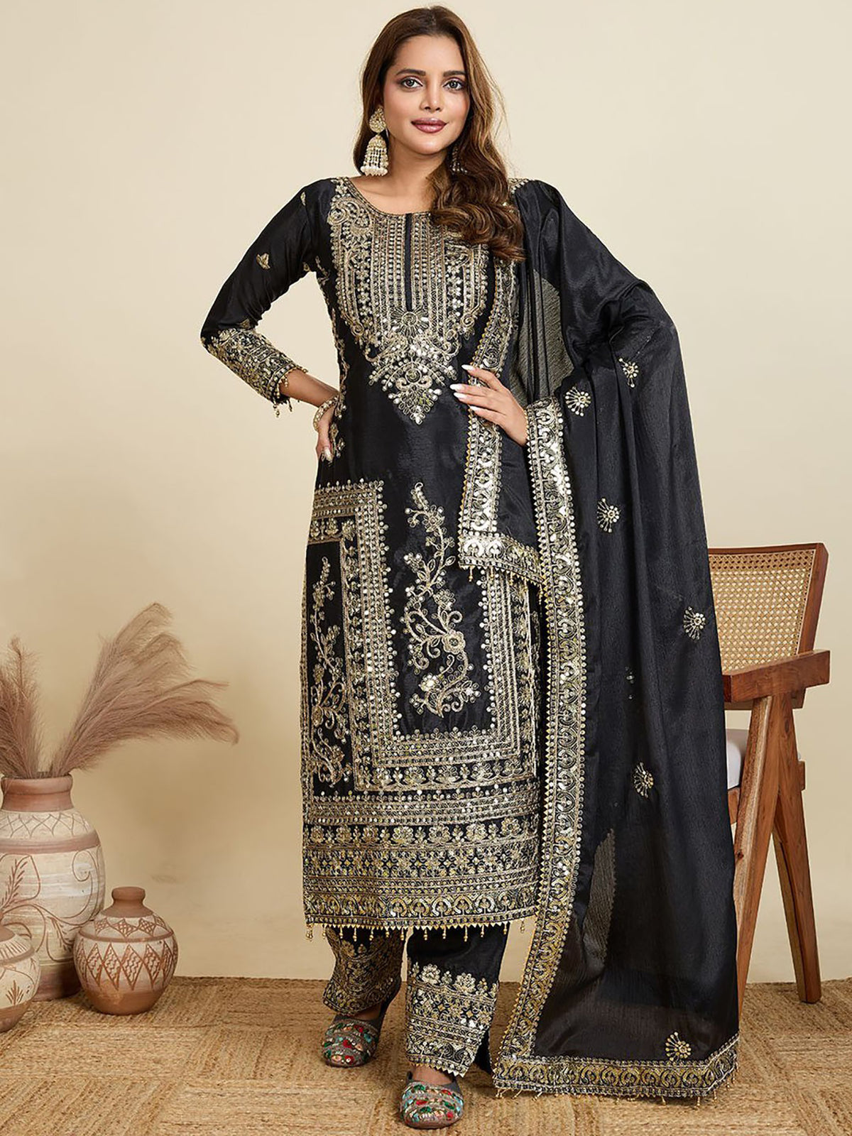 Black Embroidered Jalpari Kurta Palazzo Dupatta Set for Women