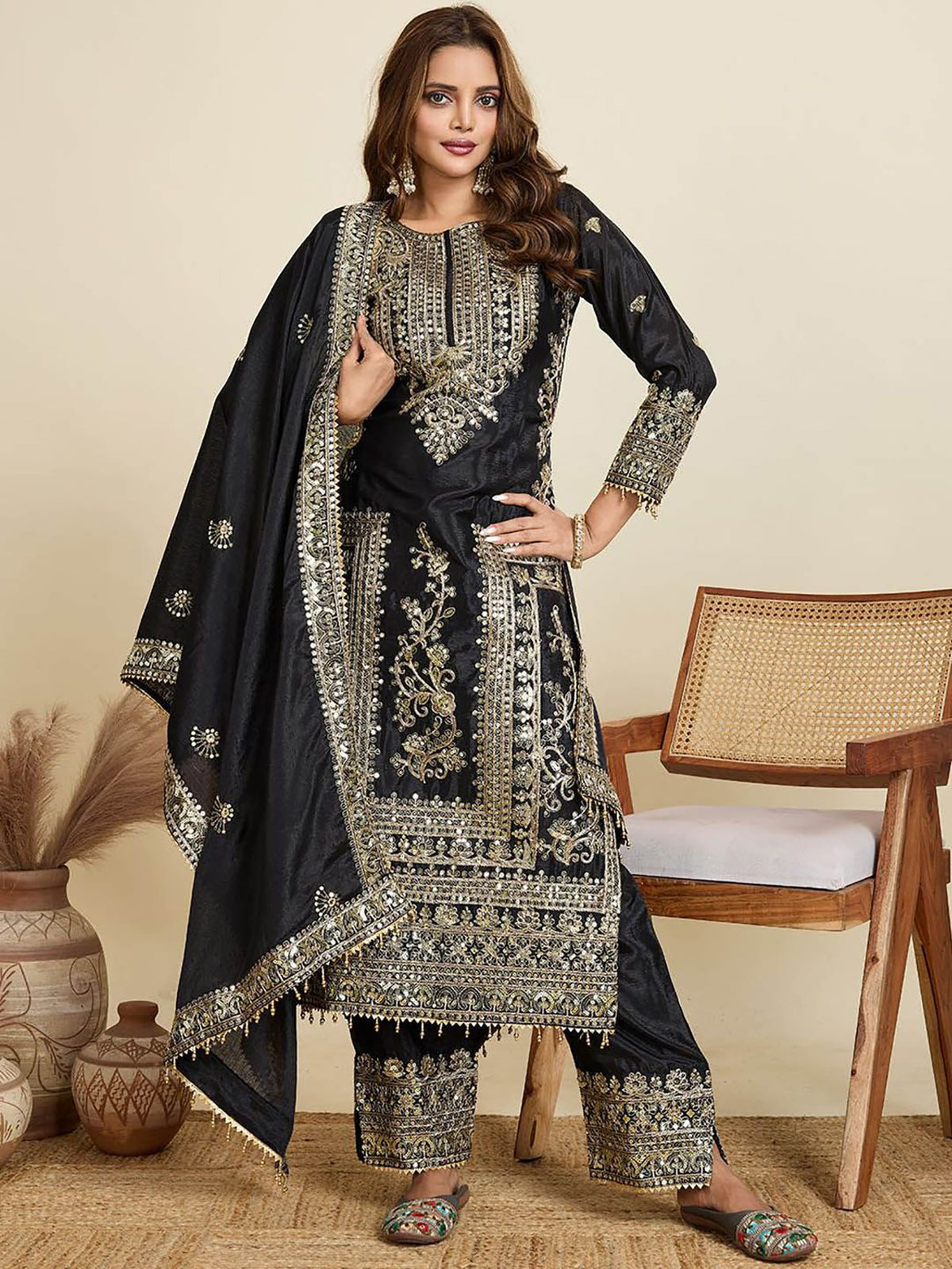 Black Embroidered Jalpari Kurta Palazzo Dupatta Set for Women