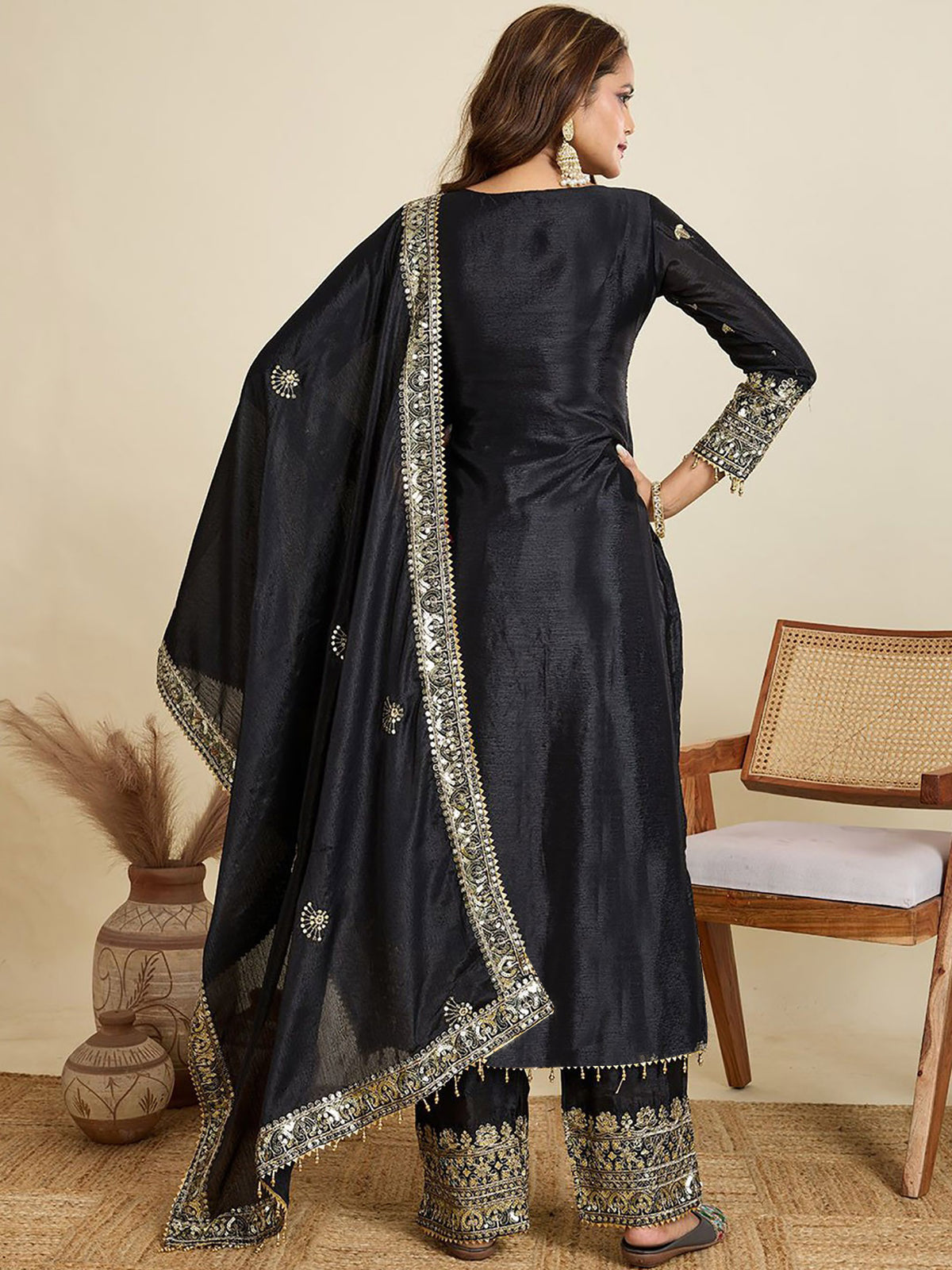 Black Embroidered Jalpari Kurta Palazzo Dupatta Set for Women