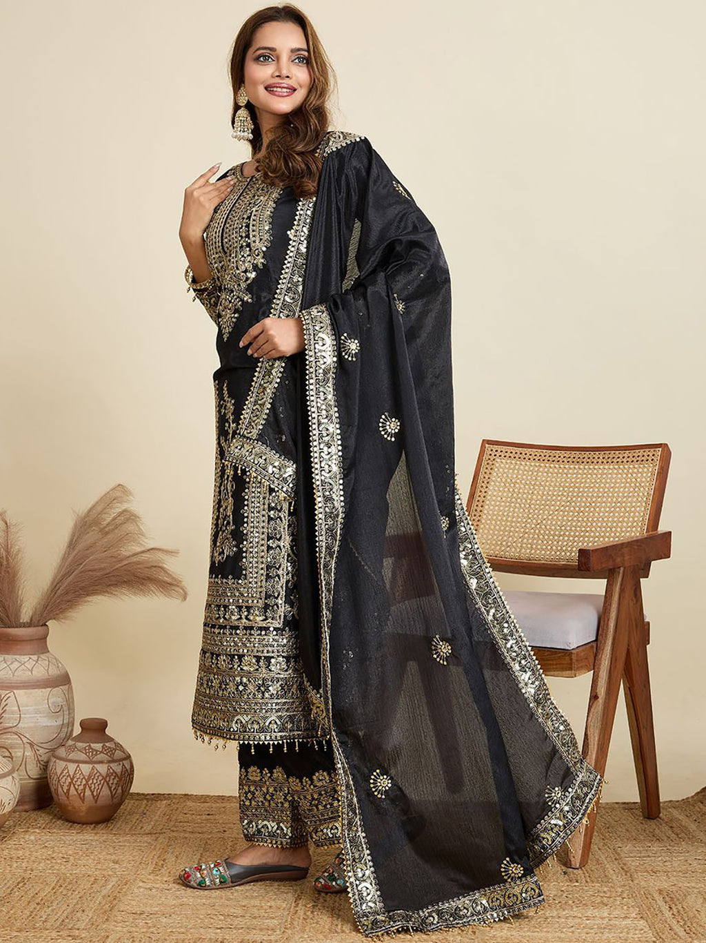 Black Embroidered Jalpari Kurta Palazzo Dupatta Set for Women