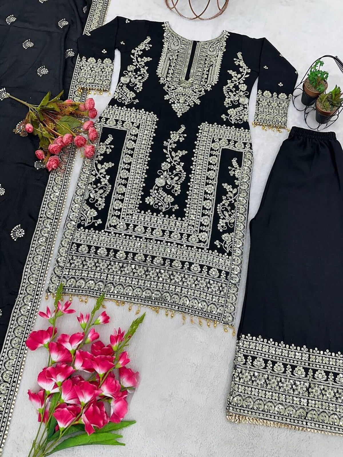 Black Embroidered Jalpari Kurta Palazzo Dupatta Set for Women