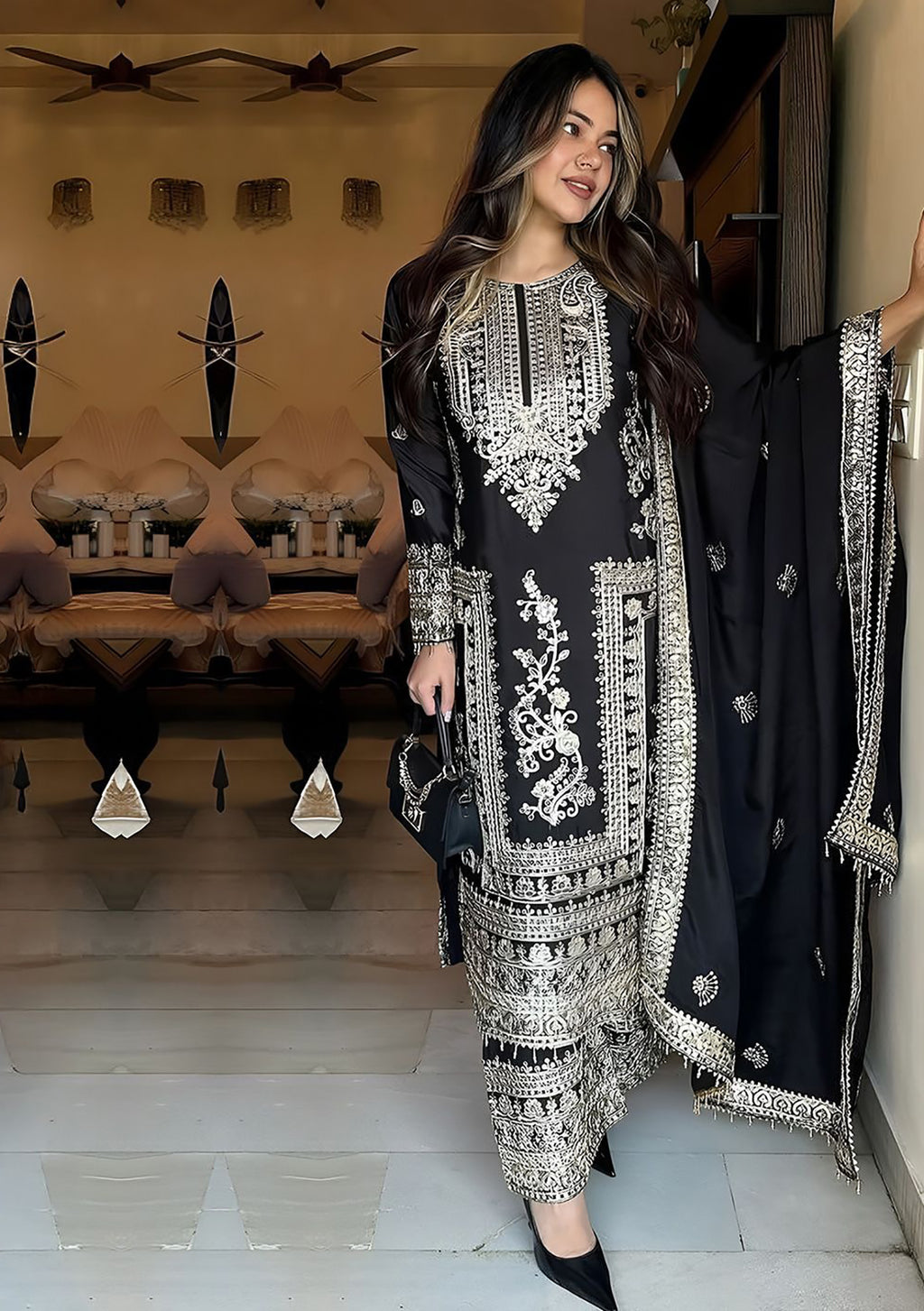 Black Embroidered Jalpari Kurta Palazzo Dupatta Set for Women