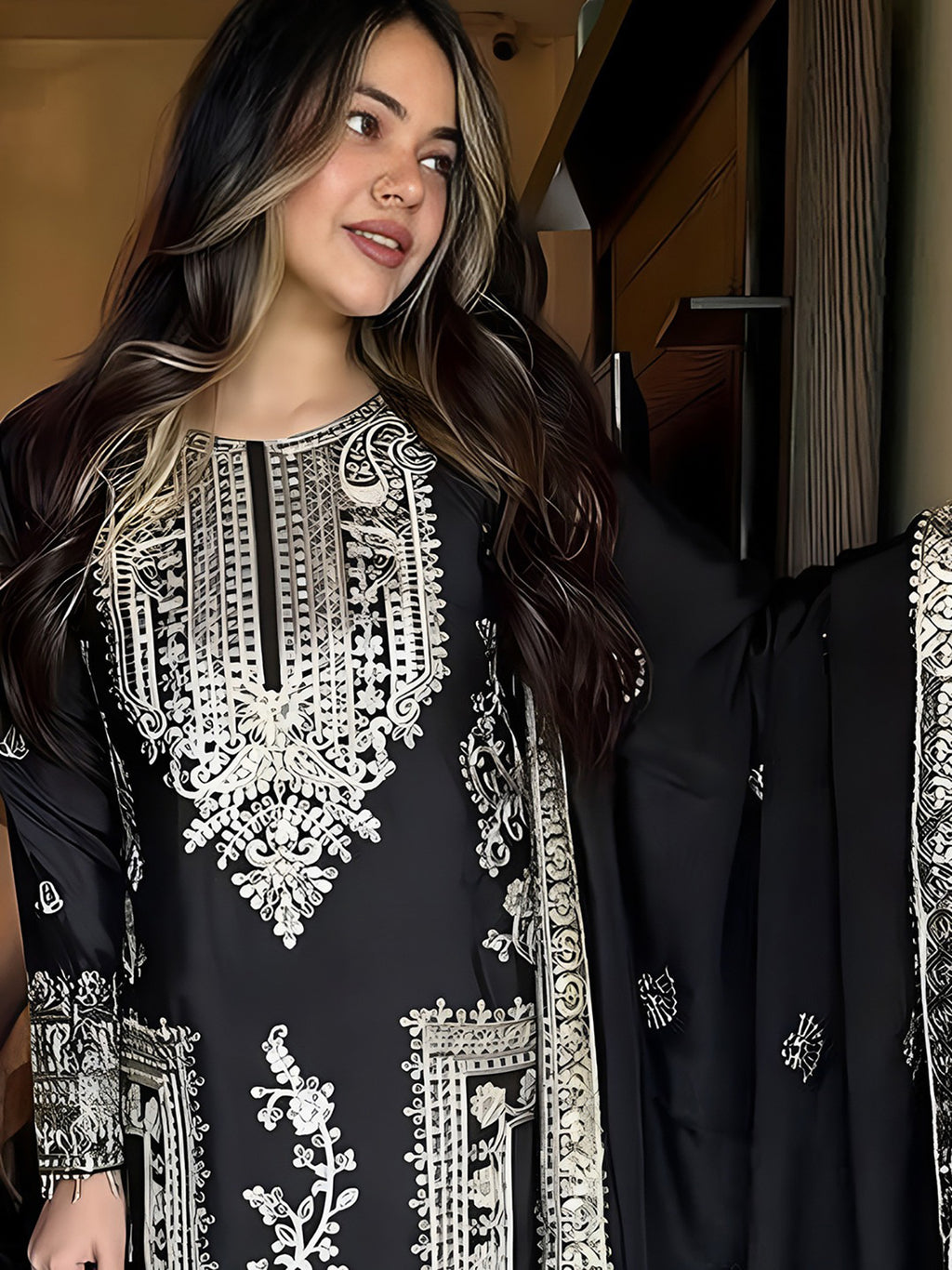 Black Embroidered Jalpari Kurta Palazzo Dupatta Set for Women