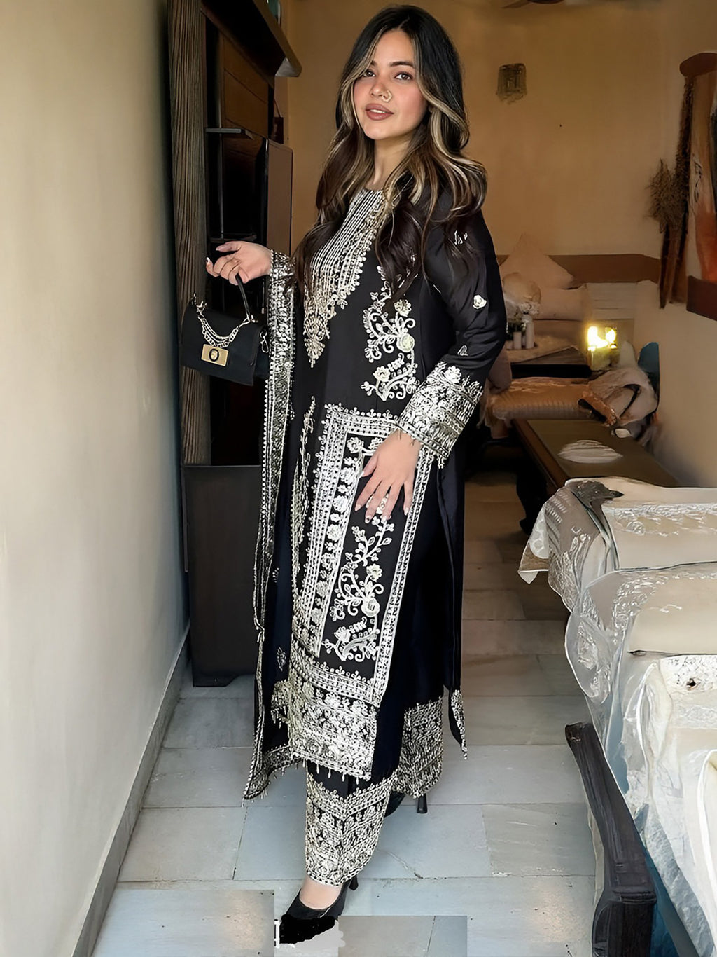 Black Embroidered Jalpari Kurta Palazzo Dupatta Set for Women