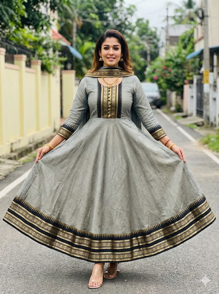 Kanchi Cotton Jacquard Embroidered Gown With Dupatta
