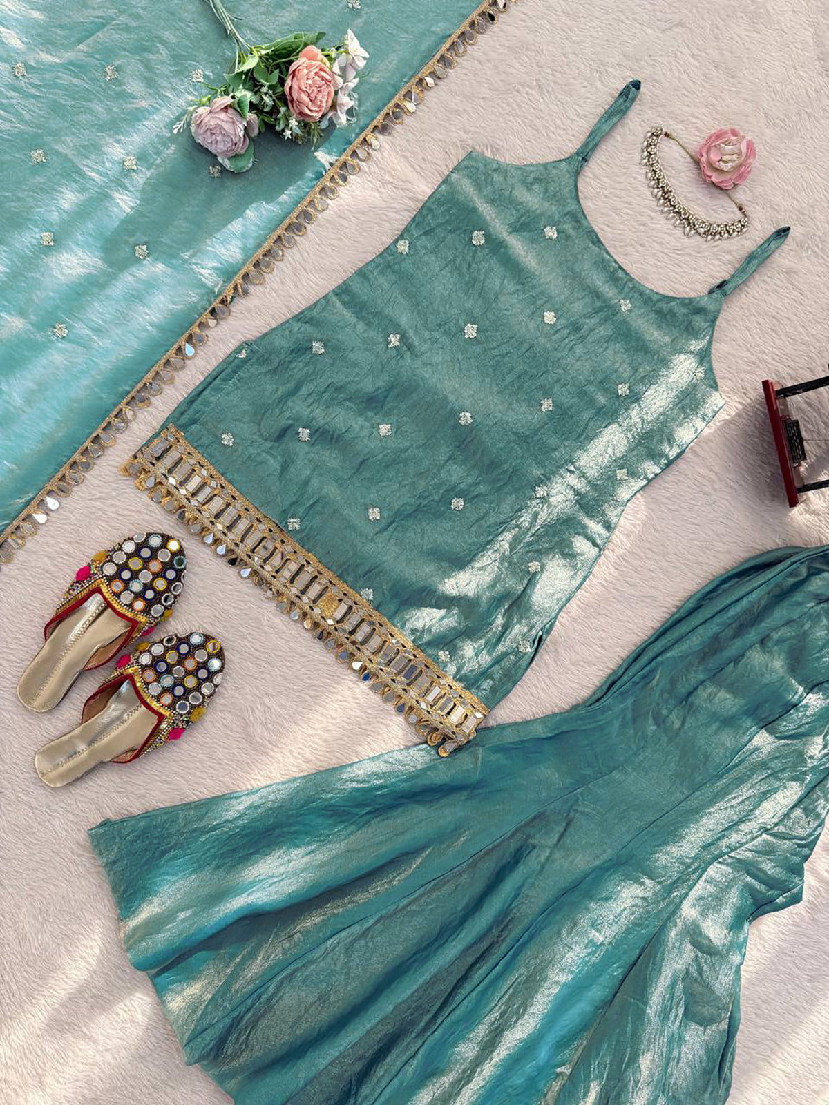 Aqua Blue Fendy Silk Sharara Plazo Set with Mirror Work Dupatta