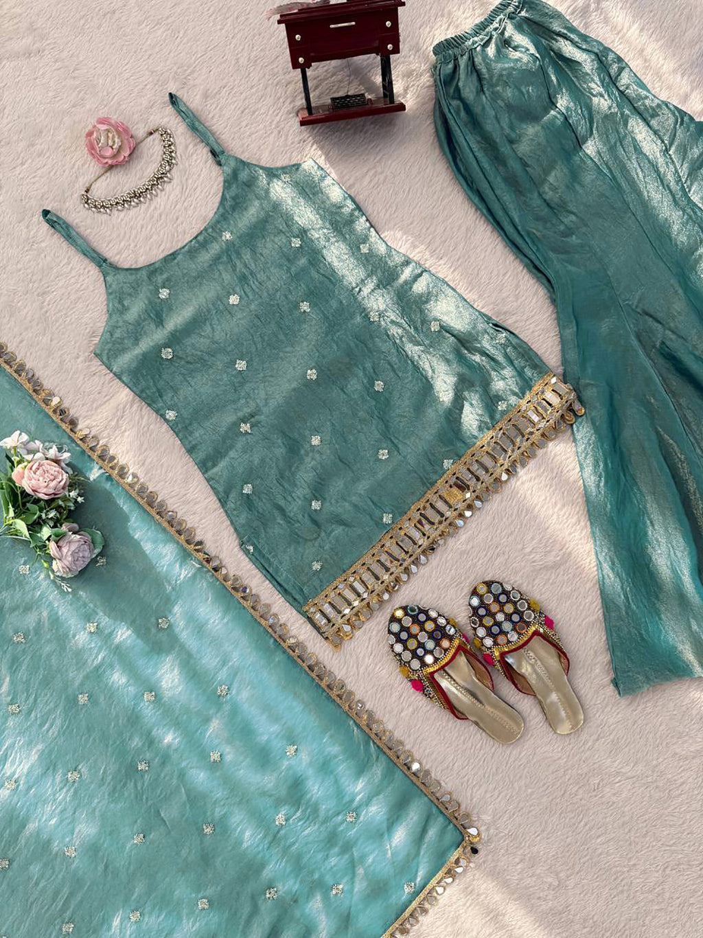 Aqua Blue Fendy Silk Sharara Plazo Set with Mirror Work Dupatta