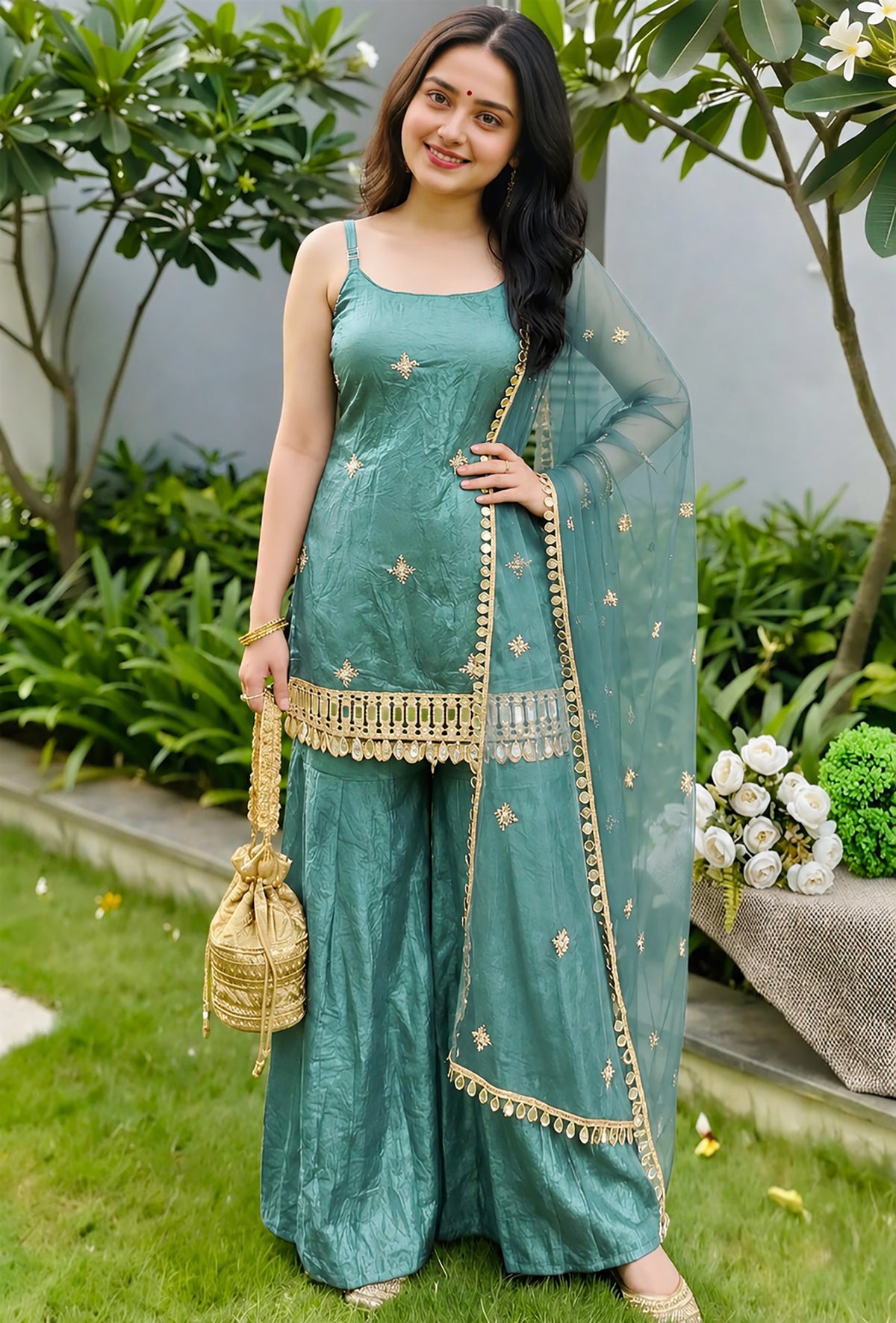 Aqua Blue Fendy Silk Sharara Plazo Set with Mirror Work Dupatta