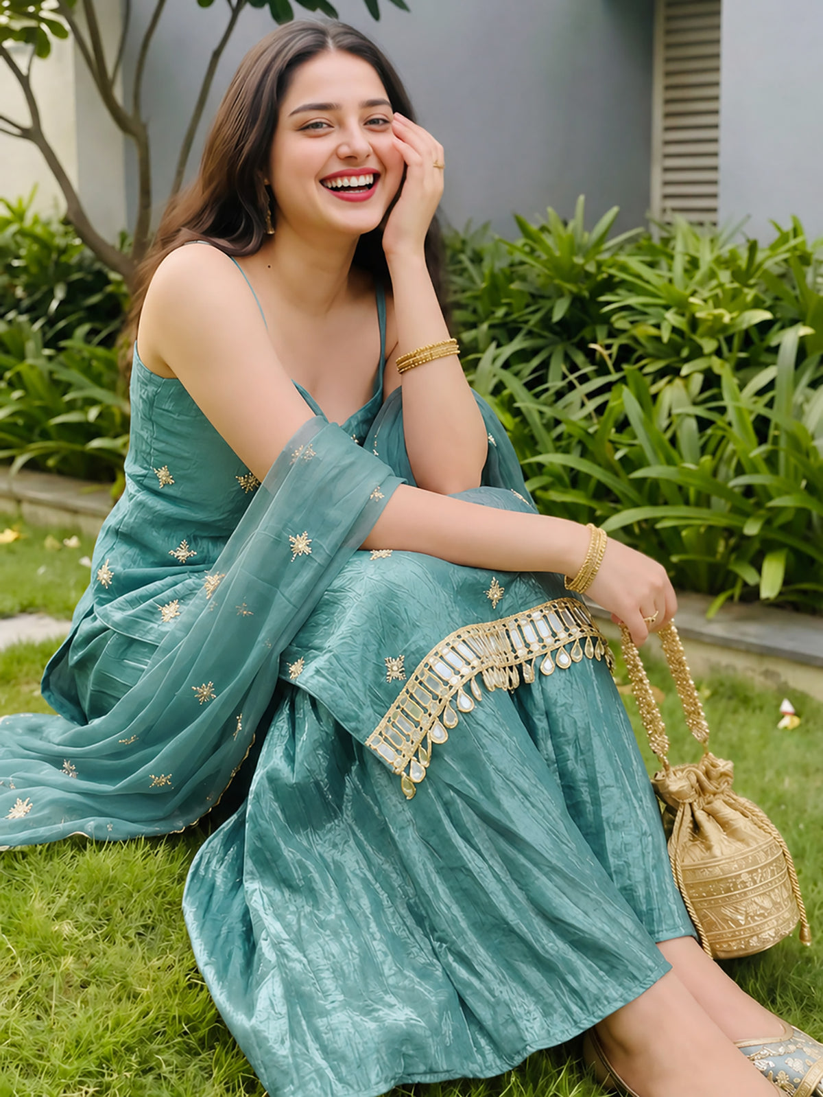 Aqua Blue Fendy Silk Sharara Plazo Set with Mirror Work Dupatta