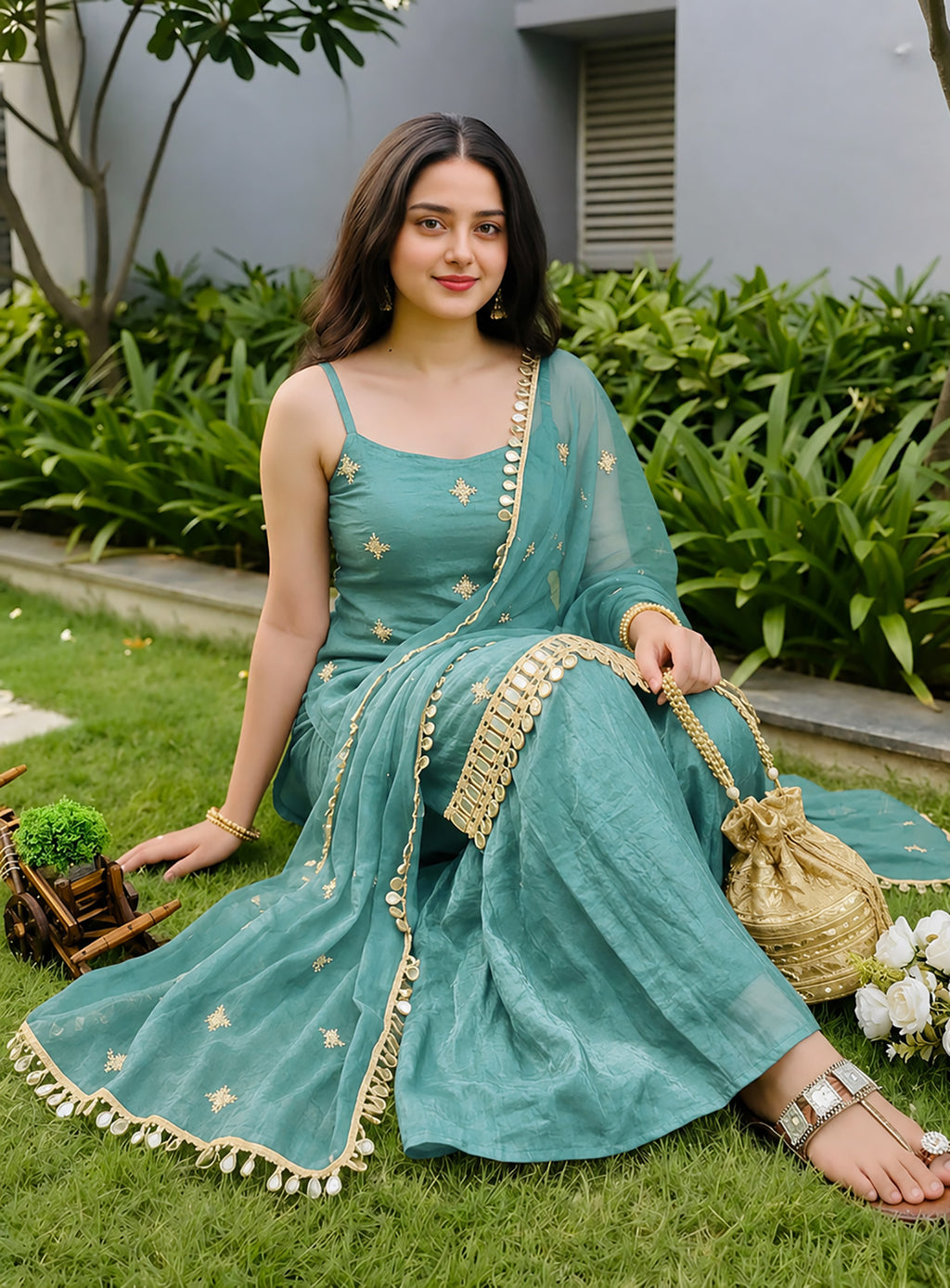 Aqua Blue Fendy Silk Sharara Plazo Set with Mirror Work Dupatta