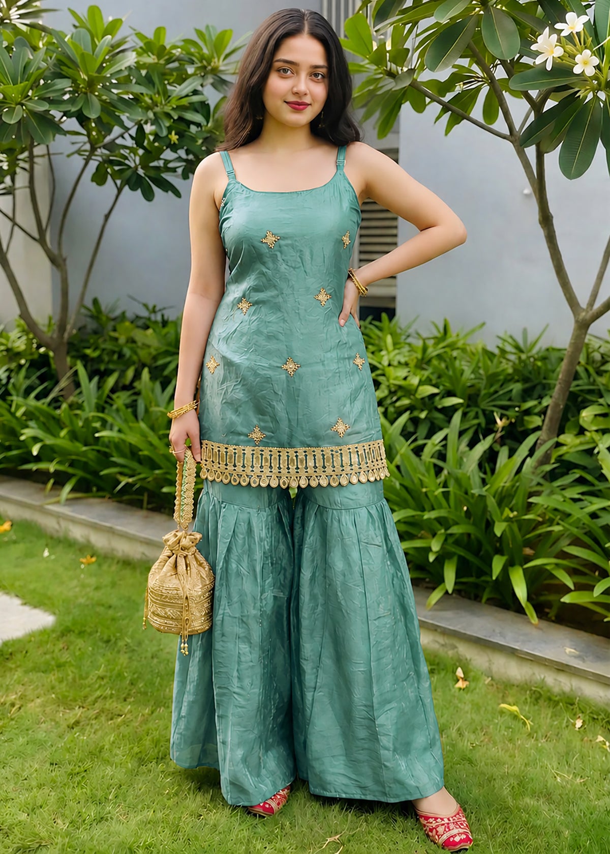 Aqua Blue Fendy Silk Sharara Plazo Set with Mirror Work Dupatta
