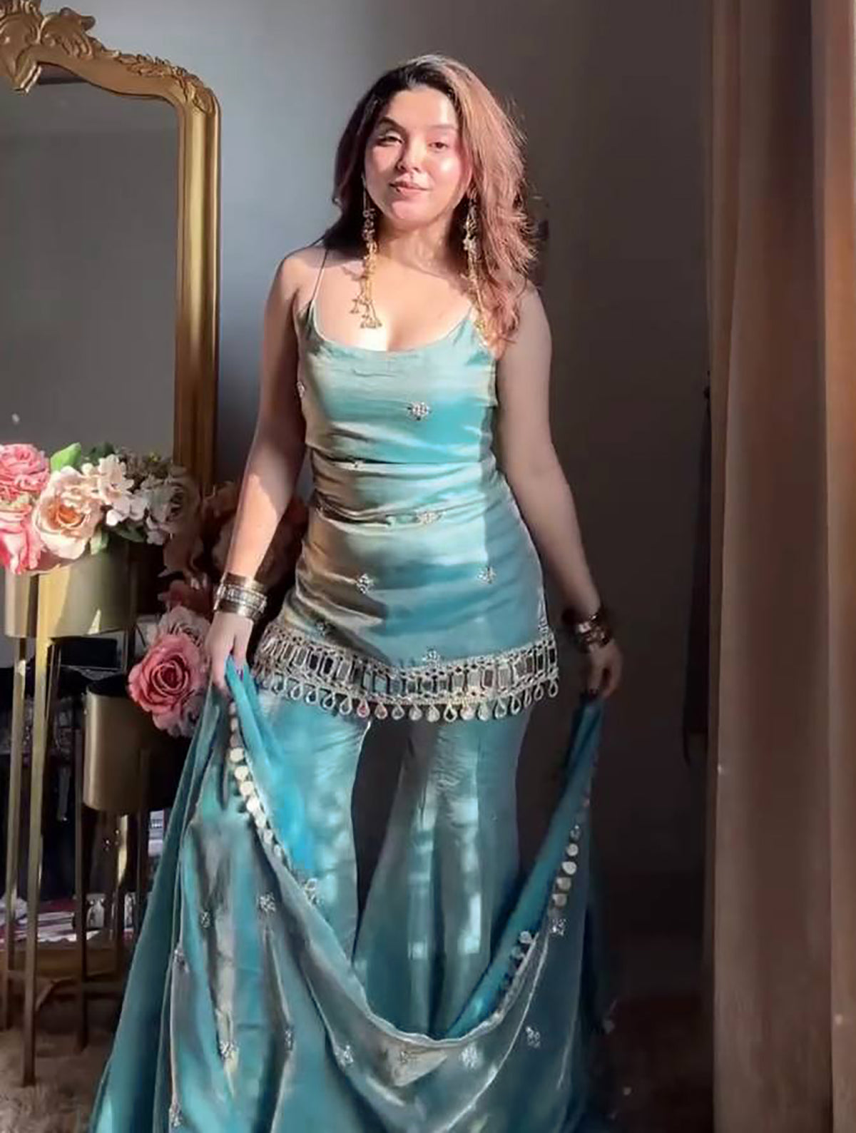 Aqua Blue Fendy Silk Sharara Plazo Set with Mirror Work Dupatta