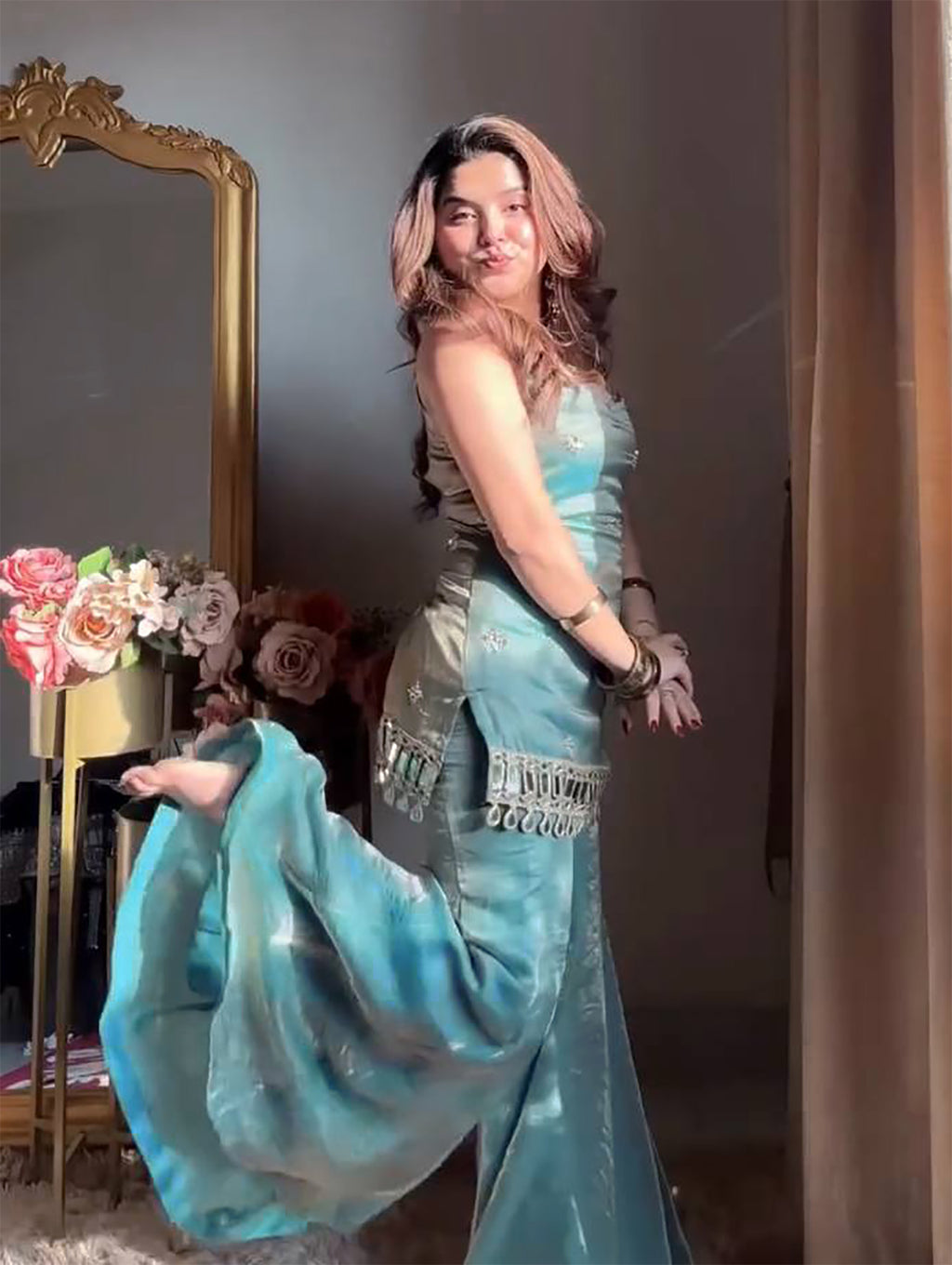 Aqua Blue Fendy Silk Sharara Plazo Set with Mirror Work Dupatta