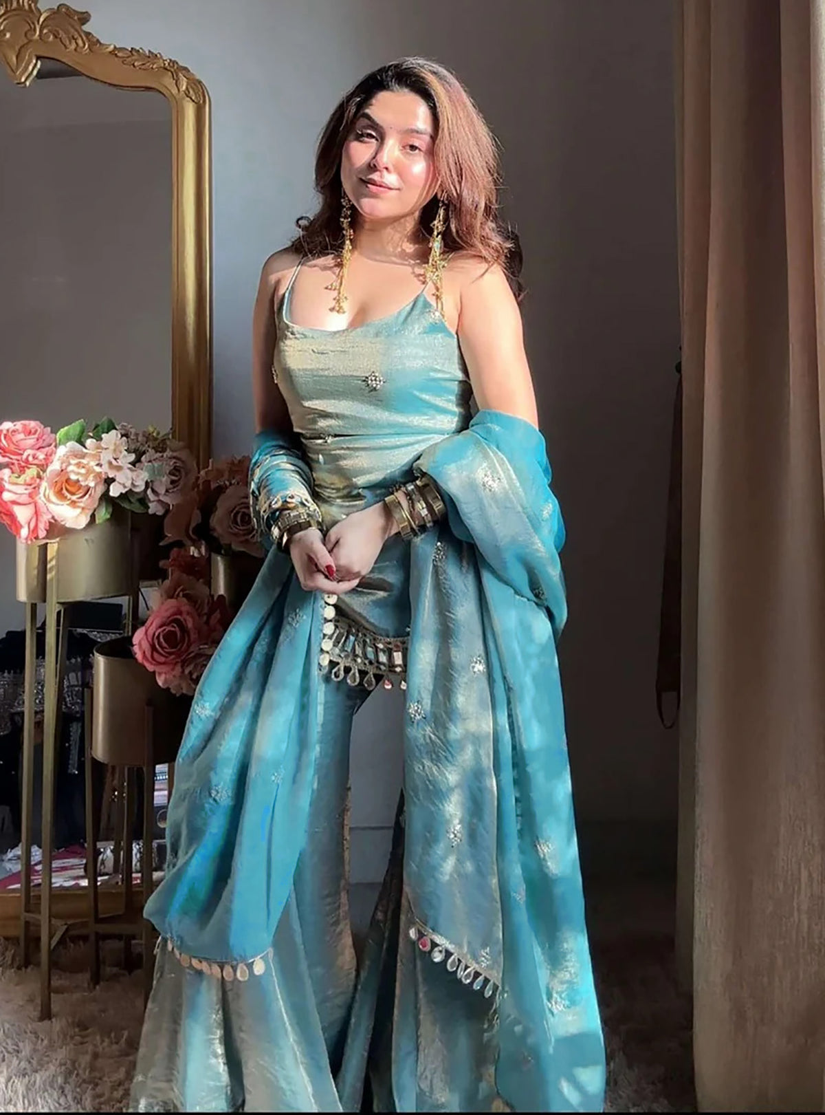 Aqua Blue Fendy Silk Sharara Plazo Set with Mirror Work Dupatta
