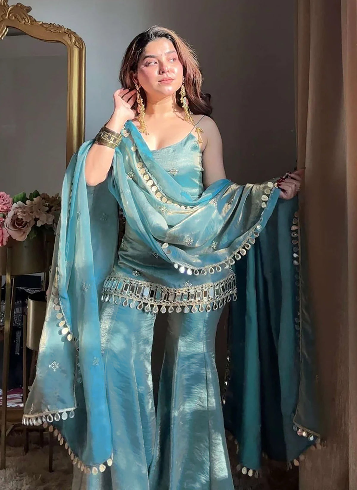 Aqua Blue Fendy Silk Sharara Plazo Set with Mirror Work Dupatta