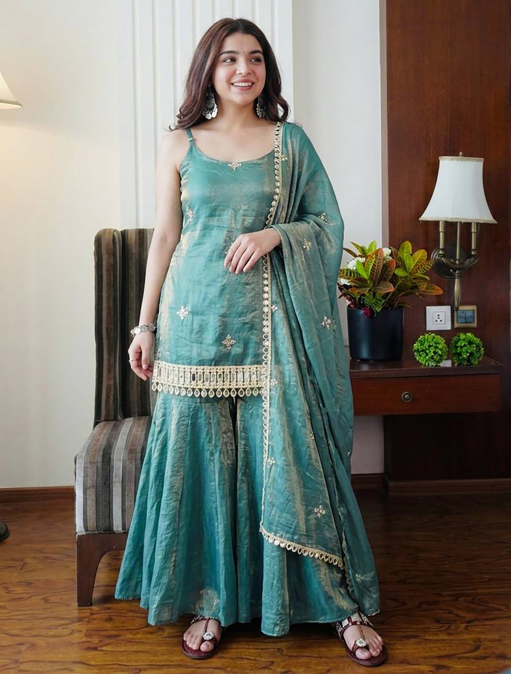Aqua Blue Fendy Silk Sharara Plazo Set with Mirror Work Dupatta