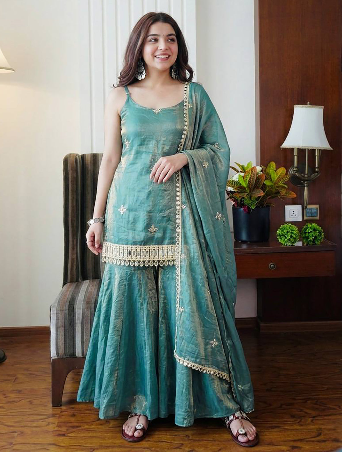 Aqua Blue Fendy Silk Sharara Plazo Set with Mirror Work Dupatta