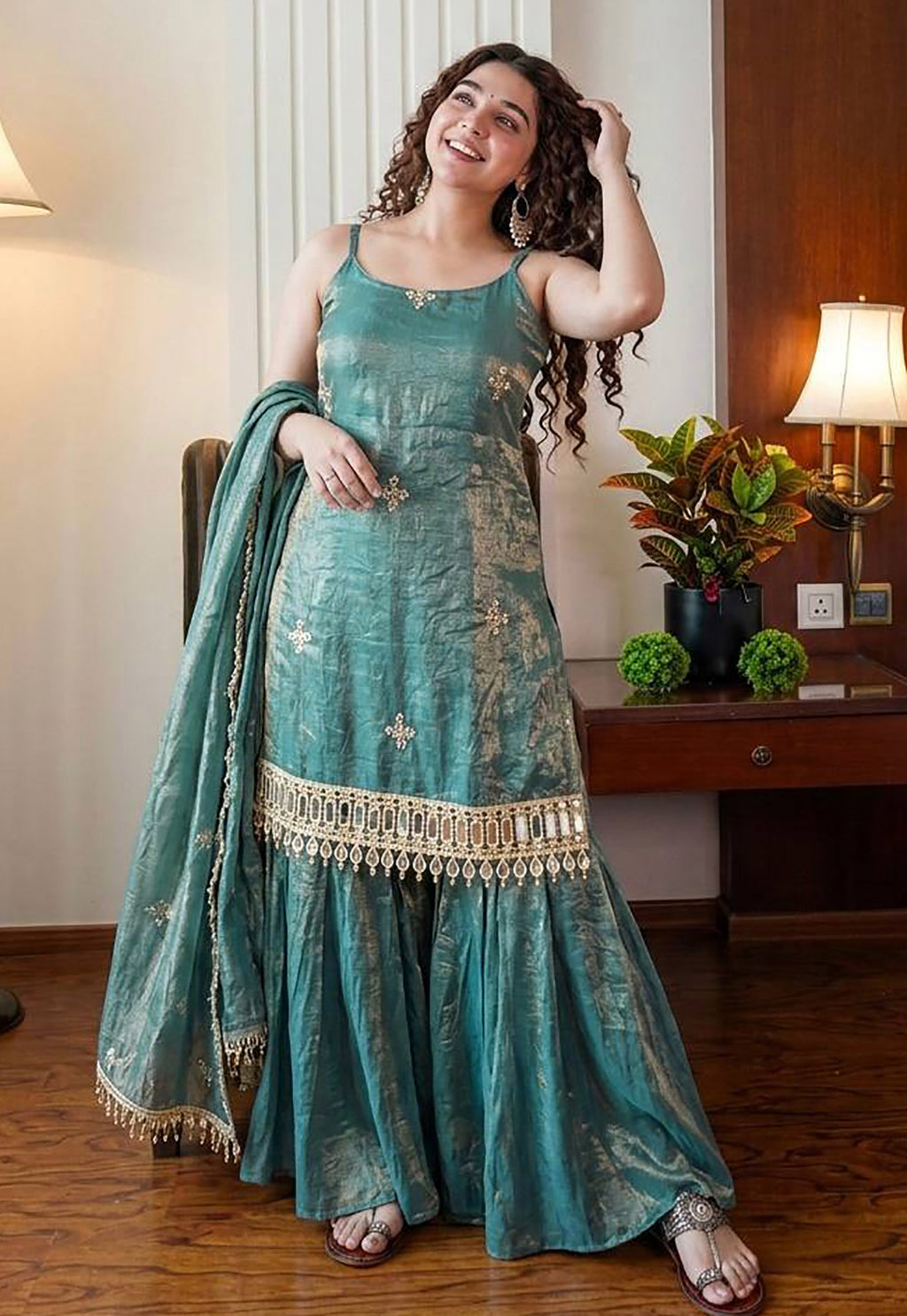 Aqua Blue Fendy Silk Sharara Plazo Set with Mirror Work Dupatta