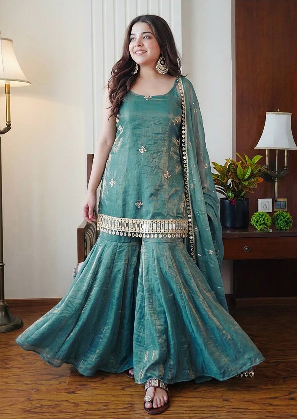 Aqua Blue Fendy Silk Sharara Plazo Set with Mirror Work Dupatta