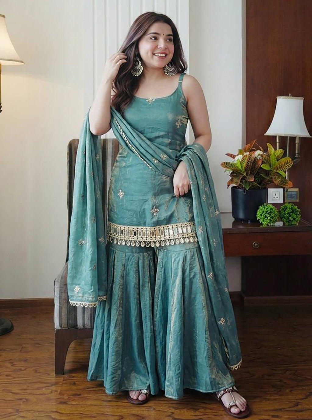 Aqua Blue Fendy Silk Sharara Plazo Set with Mirror Work Dupatta