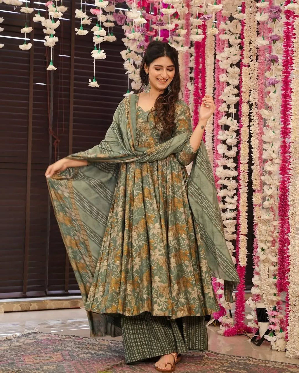 Sage Green Floral Printed Rayon Slub Anarkali Suit Set with Chanderi Dupatta