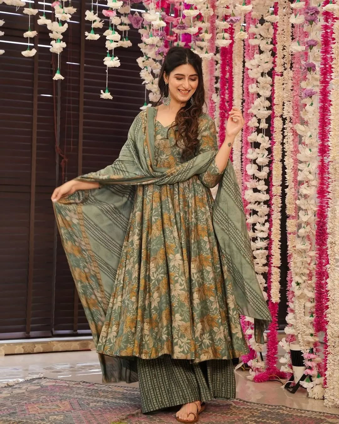 Sage Green Floral Printed Rayon Slub Anarkali Suit Set with Chanderi Dupatta