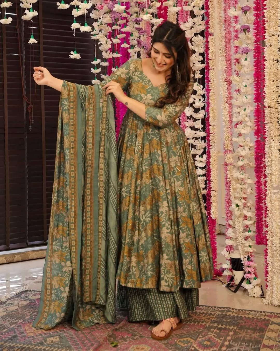 Sage Green Floral Printed Rayon Slub Anarkali Suit Set with Chanderi Dupatta