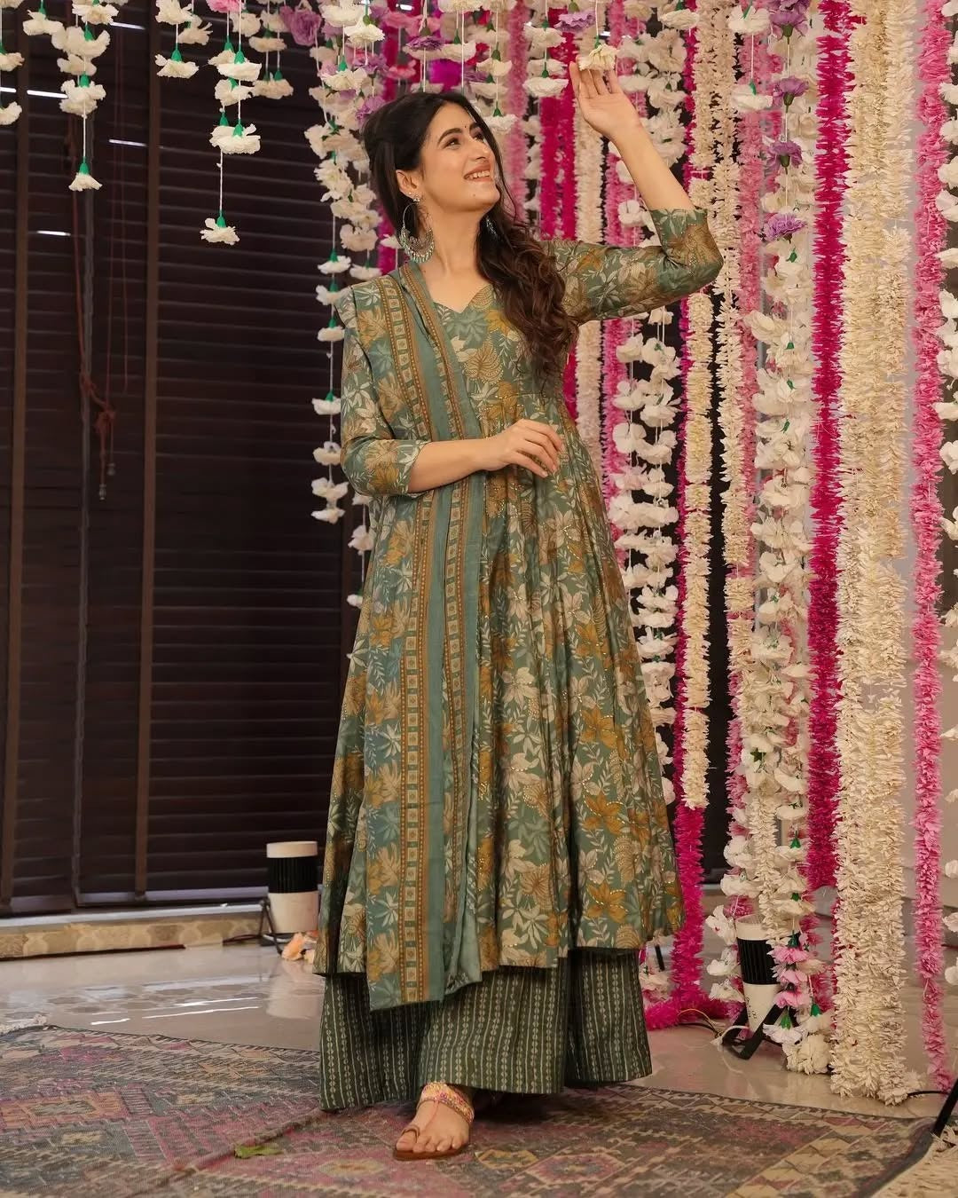 Sage Green Floral Printed Rayon Slub Anarkali Suit Set with Chanderi Dupatta