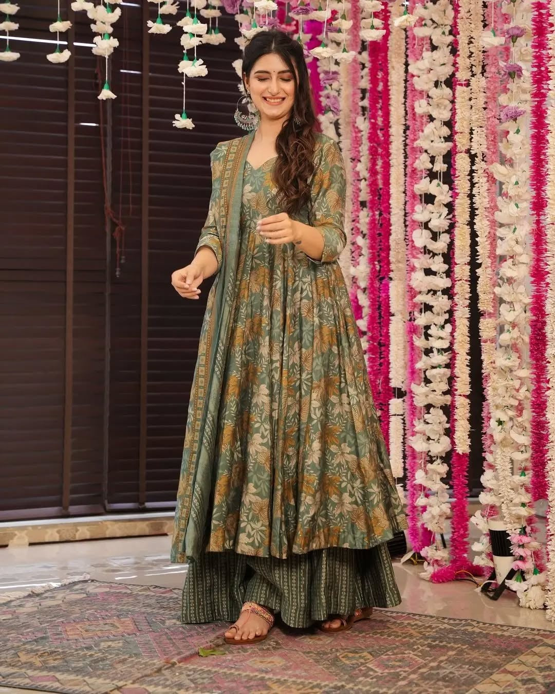 Sage Green Floral Printed Rayon Slub Anarkali Suit Set with Chanderi Dupatta