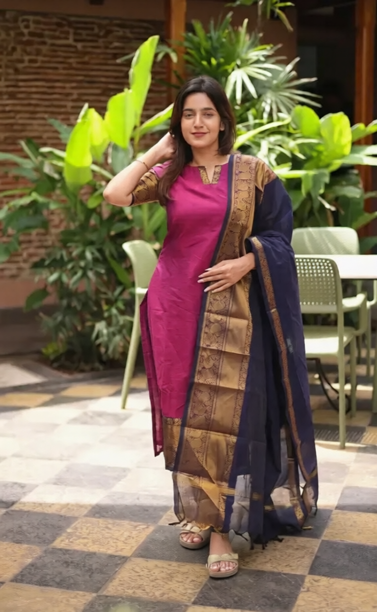 Premium Kanchi Cotton Rani V-Neck Kurti Set