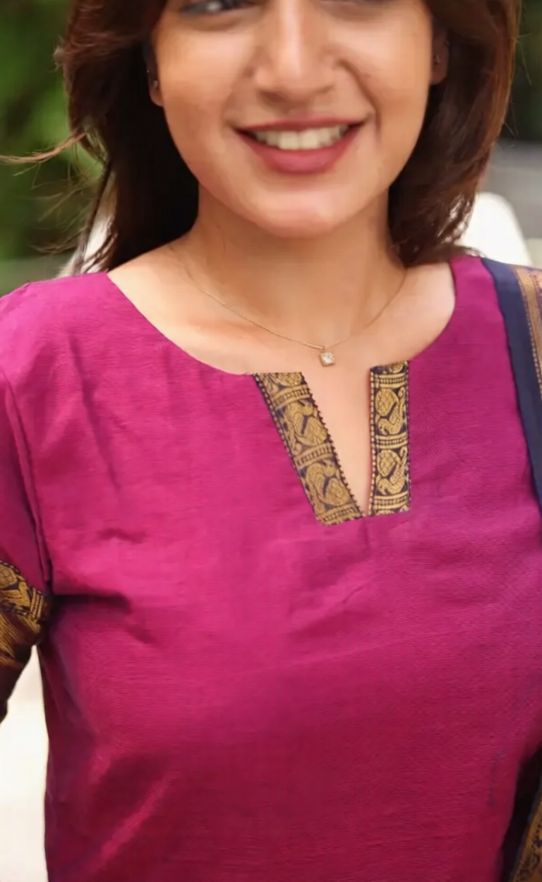 Premium Kanchi Cotton Rani V-Neck Kurti Set